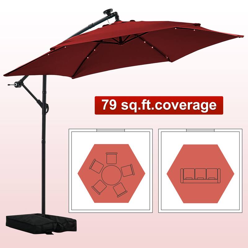 Ainfox 10 ft. Patio Offset Solar LED Umbrellas Cantilever Outside Umbrellas with Base