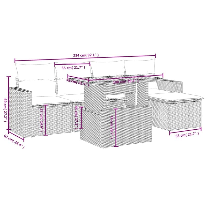 vidaXL Patio Sofa Set with Cushions Outdoor Furniture 6 Piece Poly Rattan