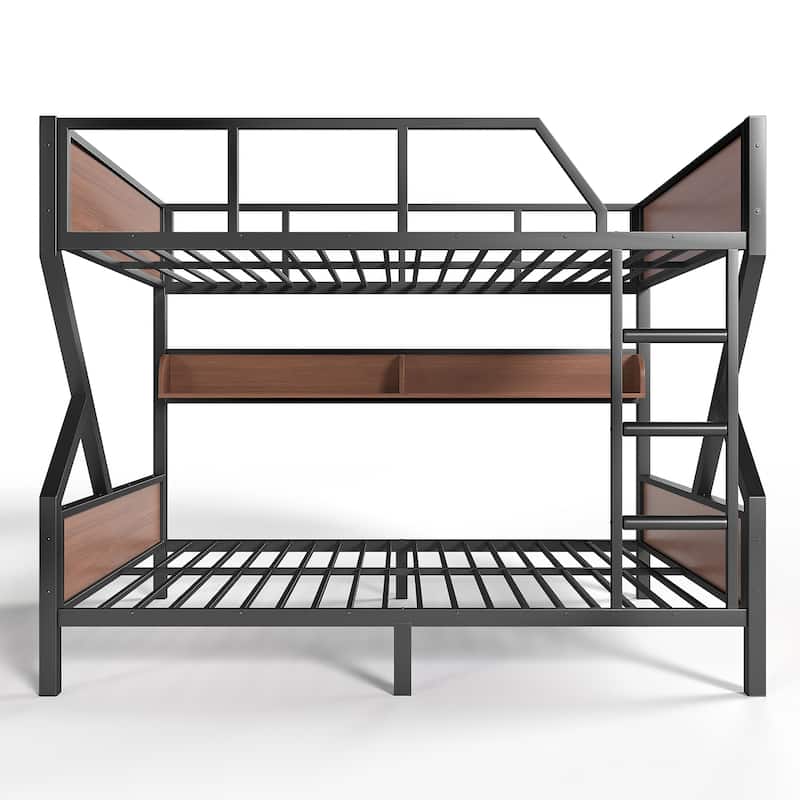 Full over Full Bunk Bed, Metal Bunk Bed with Storage Shelves and Lights, Space-saving & Noise-free Design, Black