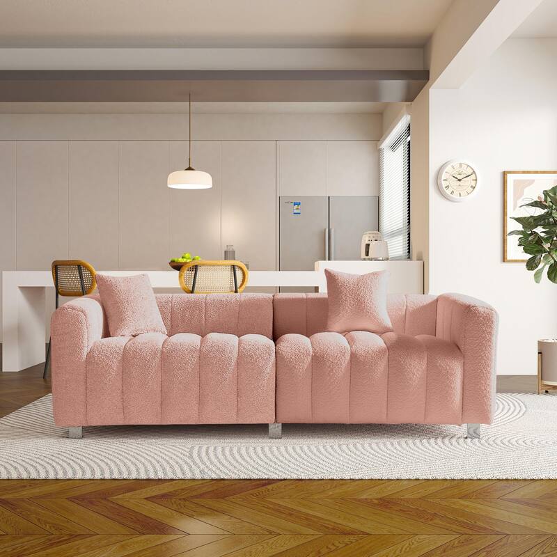 87.4" Luxury 3-Seater Sofa Bubble Couch for Living Room, Velvet Deep Seat Sofa Couch, Loveseat Sofa with Metal Legs - Pink