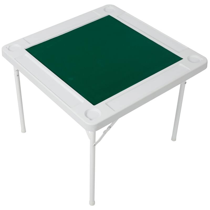 Anmytek Foldable 4-Player Game Table with Cup Holders & Tile Trays, Mahjong Poker Dice Table with Green Felt Surface