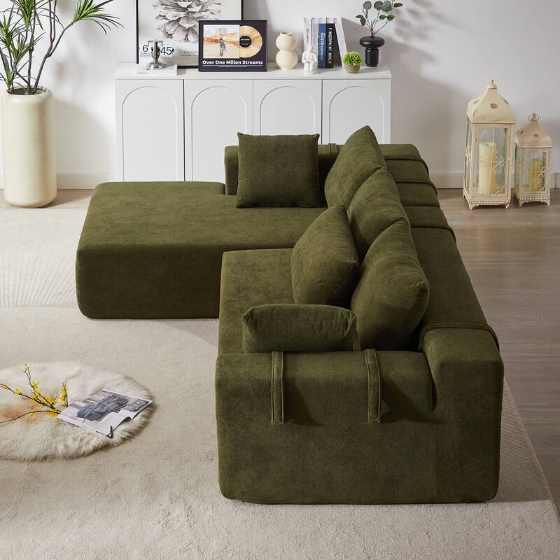 Modern Chenille Upholstered Sectional Sofa Couch Set,Modular L Shaped Sectional Living Room Sofa Set With 6 Pillows(Left Chaise)