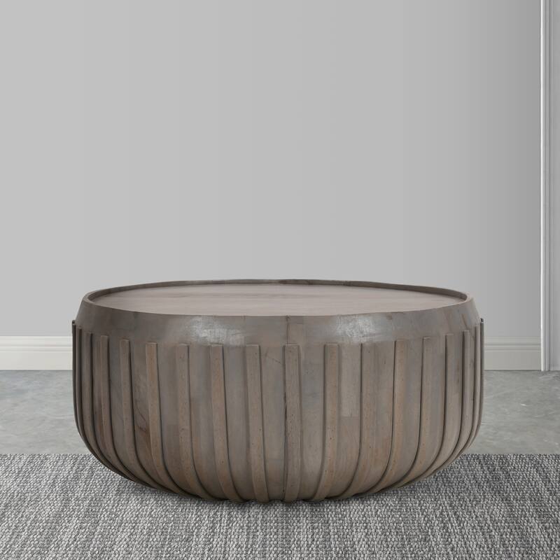 Alisha 36 Inch Coffee Table, Handcrafted Drum Shape with Ribbed Edges, Gray Mango Wood