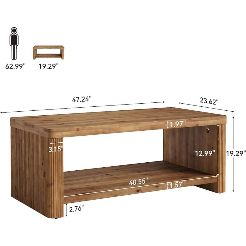 47.24" Solid Wood Coffee Table for Living Room, 2-Tier Rectangle Accent Center Tea Table with Storage