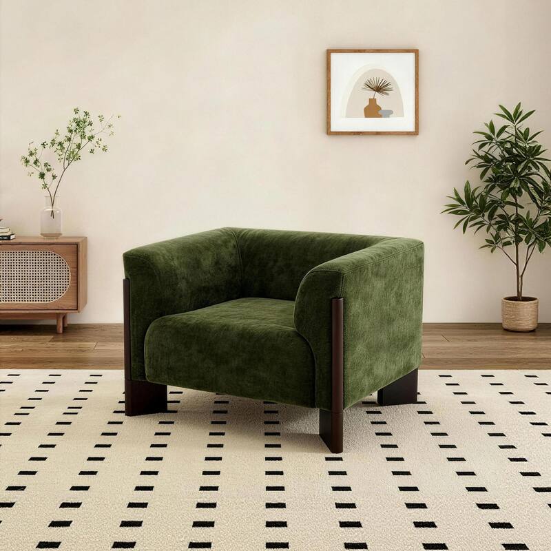 Velvet/ Chenille Nordic Wide Seat Tuxedo Arms Barrel Chair - Green-Chenille