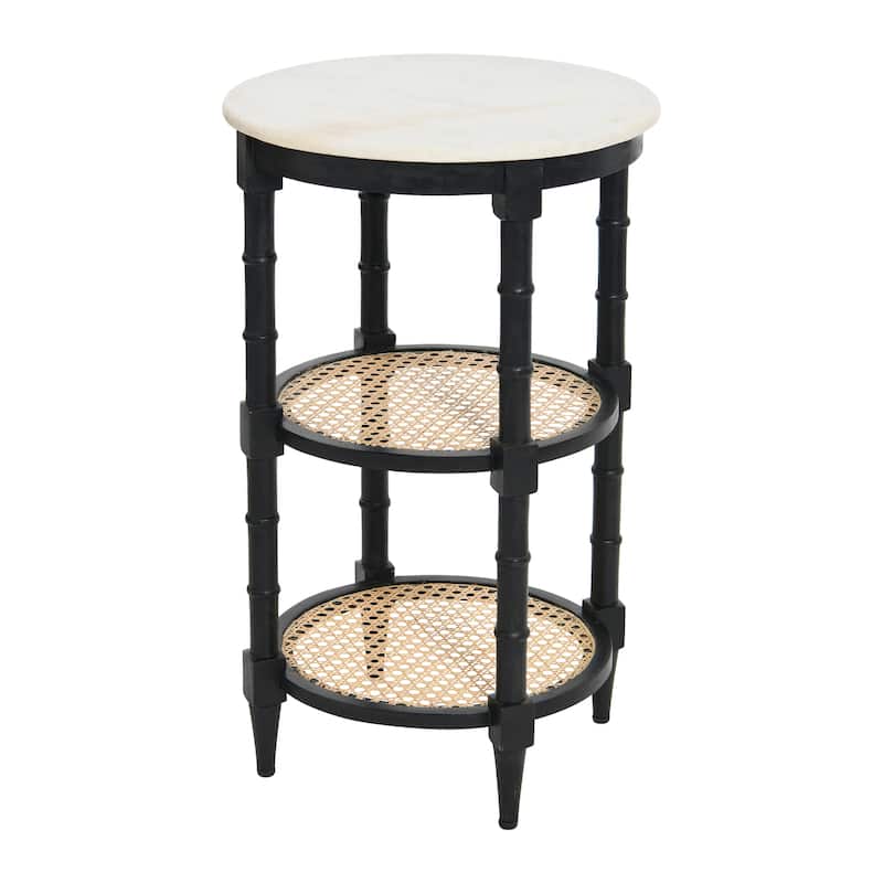 End Table with Genuine Marble Top and 2 Woven Cane Storage Shelves - Black