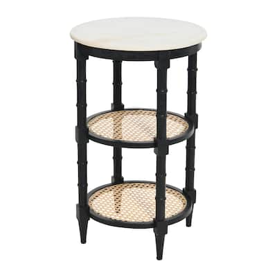 End Table with Genuine Marble Top and 2 Woven Cane Storage Shelves