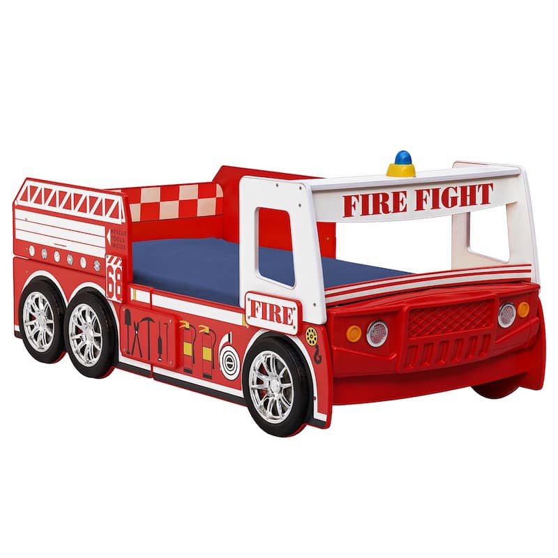 Kids Fire Truck Floor Bed with LED Light, Twin Size, Easy Assembly, Solid Construction - White+Red