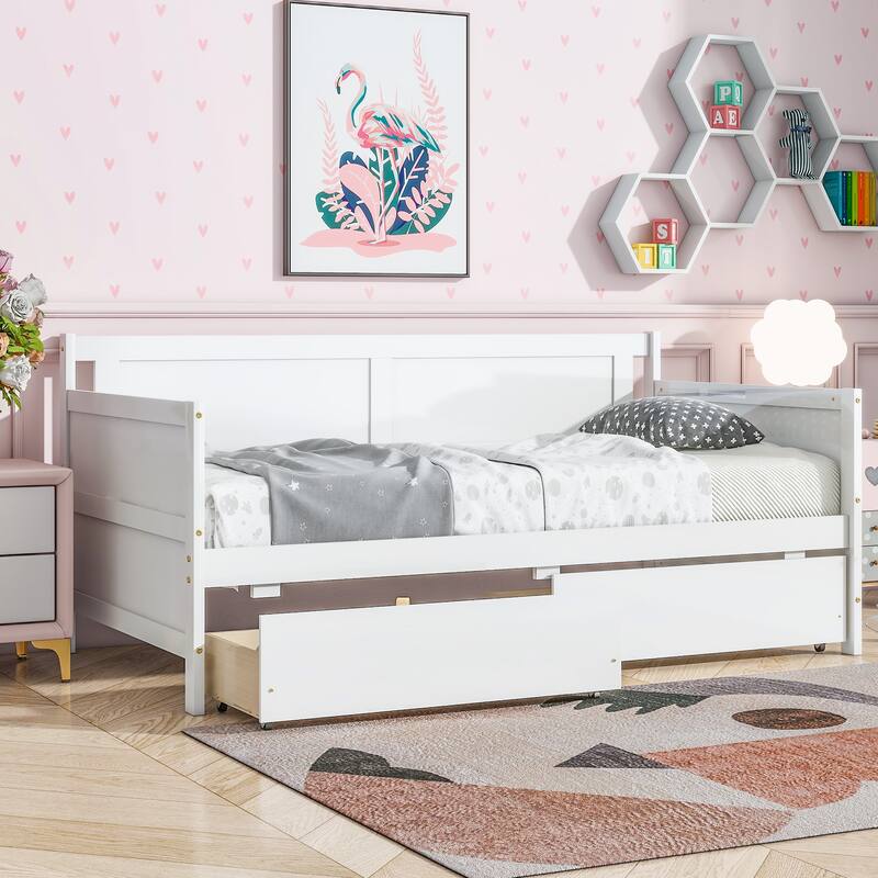 Pine Wood Sofa Bed, Twin Size Daybed with Pull-out Storage Drawers Storage Bed Platform Bed with Panel Headboard and Footboard