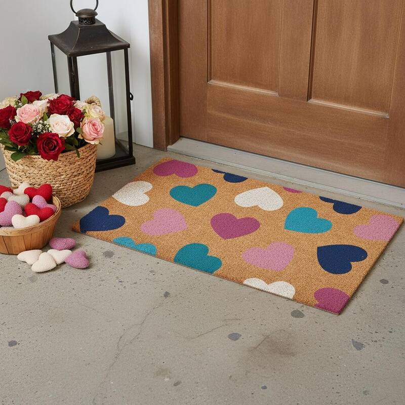 HomeRoots 24" X 36" Brown Blue Navy Blue And Light Pink Hearts Outdoor Coir Door Mat - 24.00' X '36.00 - 24.00' X '36.00