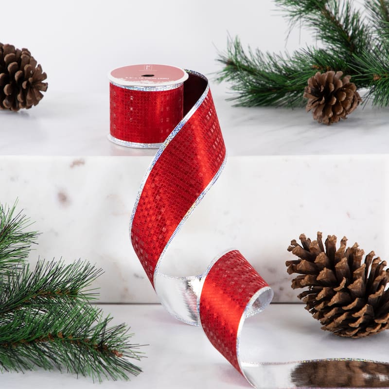 Shimmery Red and Silver Horizontal Wired Christmas Craft Ribbon 2.5" x 10 Yards
