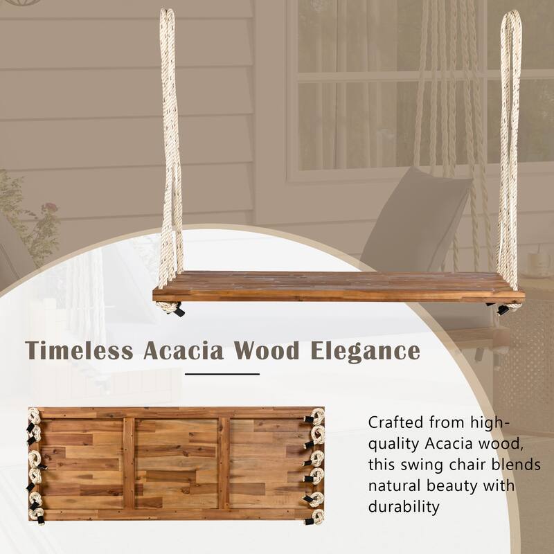 Acacia Wood Swing Chair, Hanging Porch Bench with Cushion & Pillows, 400lb Capacity & 10.8ft Ropes