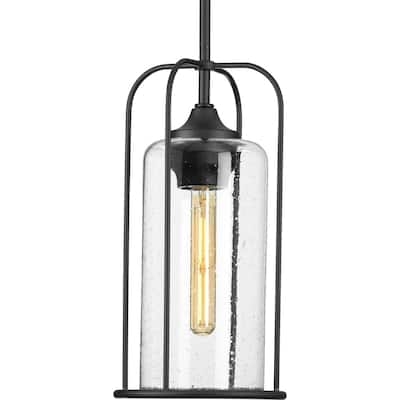 Watch Hill Collection 1-Light Textured Black Clear Seeded Glass Farmhouse Pendant Hanging Lantern Light