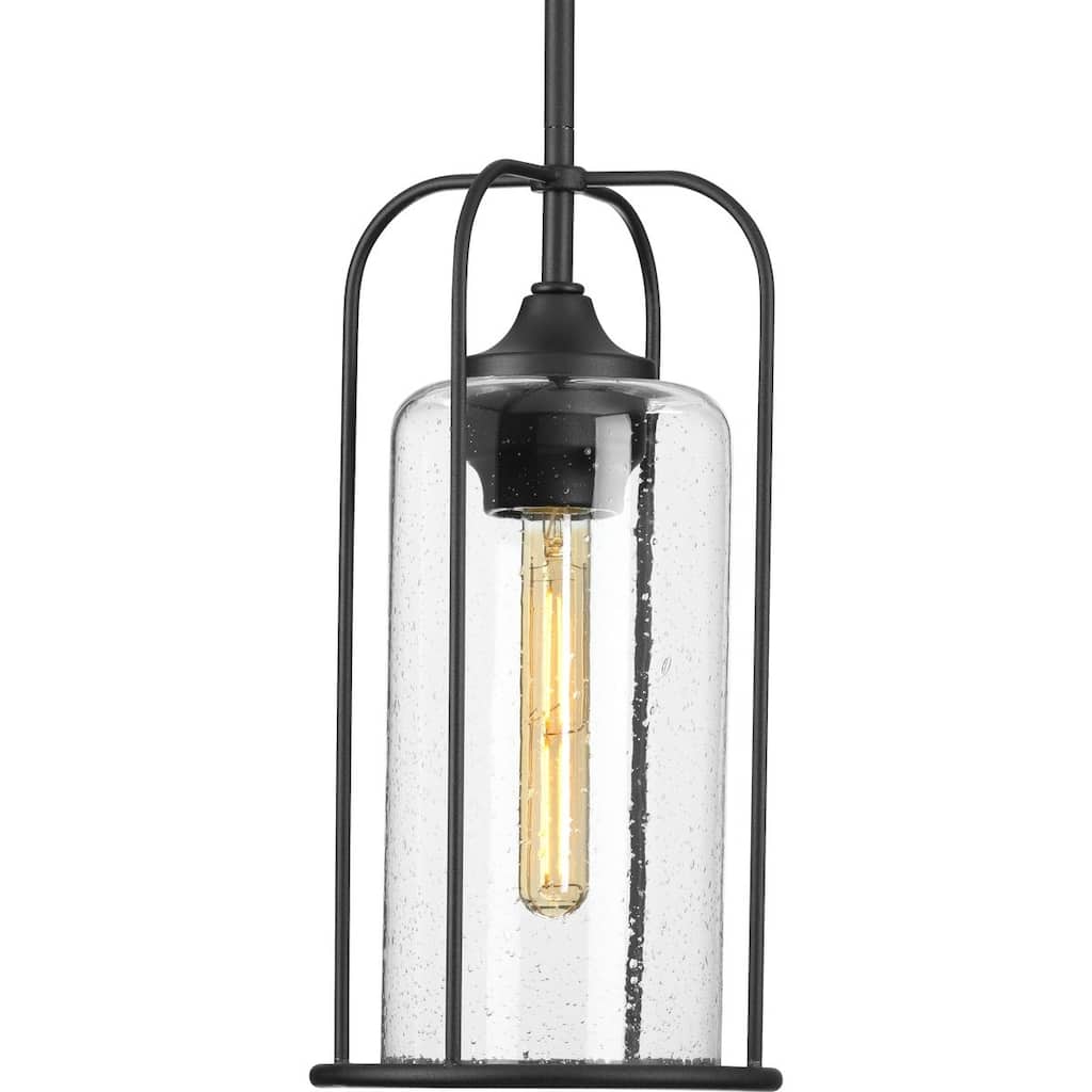 Watch Hill Collection 1-Light Textured Black Clear Seeded Glass Farmhouse Pendant Hanging Lantern Light