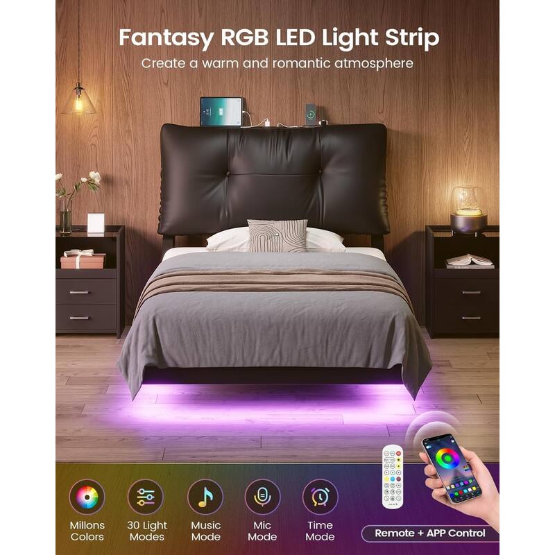 Floating Bed Frame Removable Thick Soft Headboard Charging Station Led Lights
