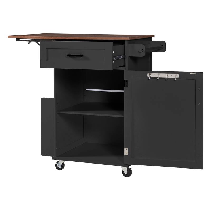 39.3" Kitchen Island with Drop Leaf, Kitchen Storage Island with Open Side Rack, One Drawer, Towel Rack, with Lockable Wheels