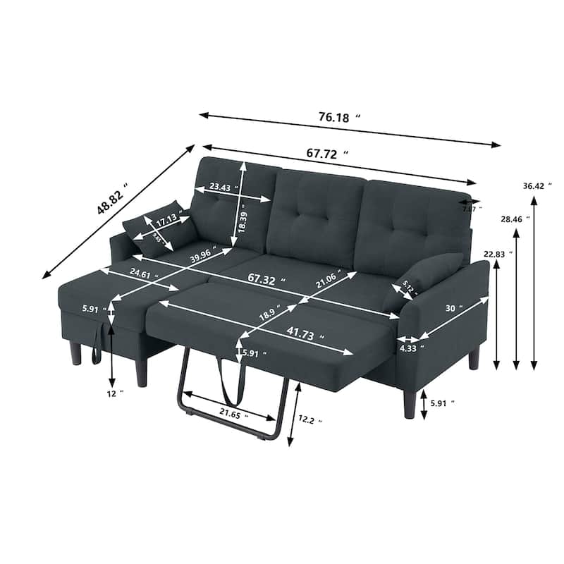 76.18" Upholstered Sleeper Pull Out Sofa Couch with Storage Chaise