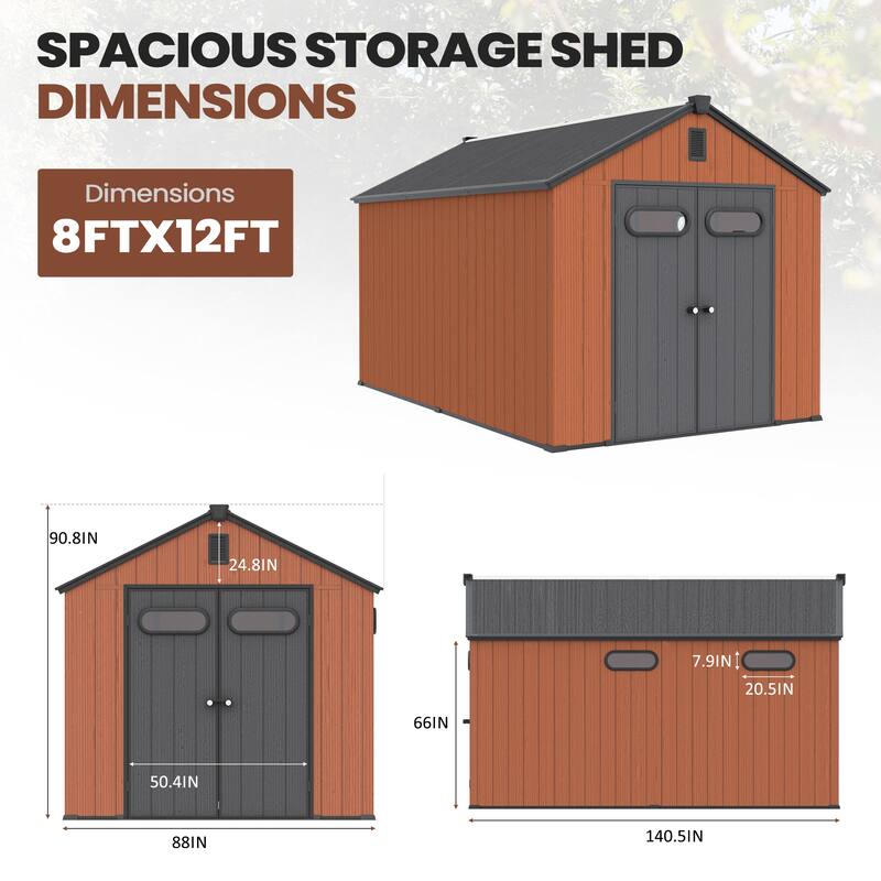 Pellebant 8X8/8X10/8X12 FT Resin Outdoor Storage Shed with Floor for Patio Furniture and Tools