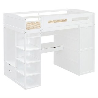 Twin Size Loft Bed with Desk, Wardrobes, 4 Drawers & 4 Shelves, White
