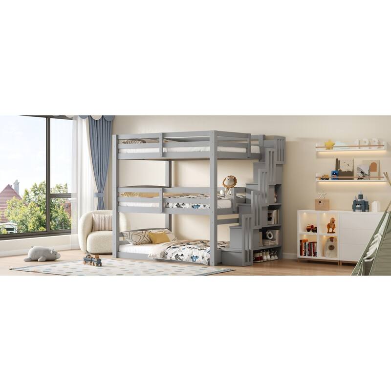 Roomfitters Full Triple Bunk Bed with Storage Staircase, Separable Design