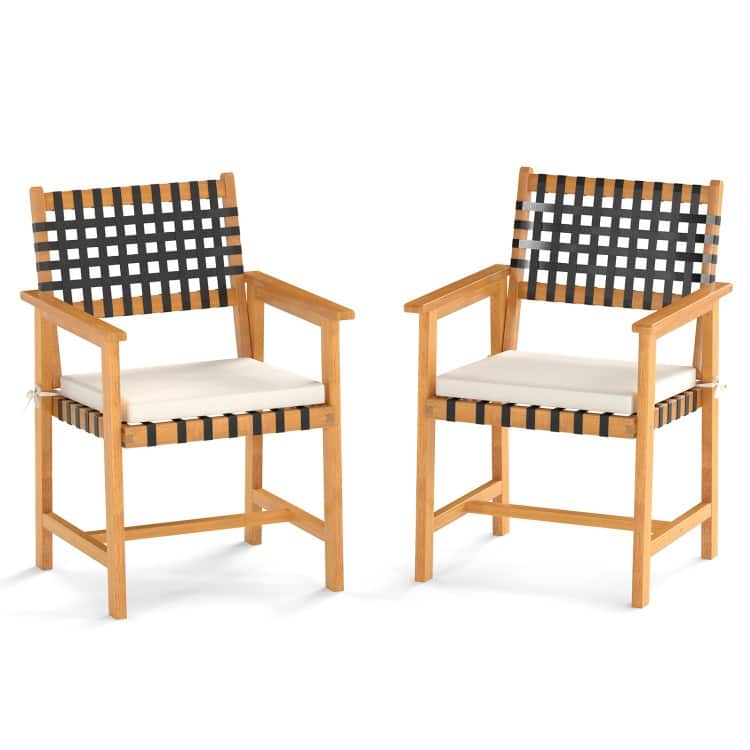 Natural-Off White Acacia Wood Outdoor Dining Chairs Set of 2 with Cushions - 23” x 22.5” x 34” (L x W x H)