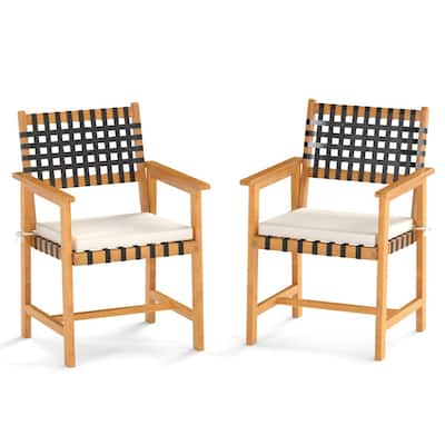 Natural-Off White Acacia Wood Outdoor Dining Chairs Set of 2 with Cushions - 23” x 22.5” x 34” (L x W x H)