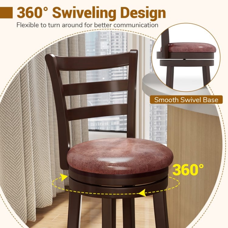 Set of 2 Cappuccino Rubber Wood MDF Swivel Bar Stools with Faux Leather and Footrest