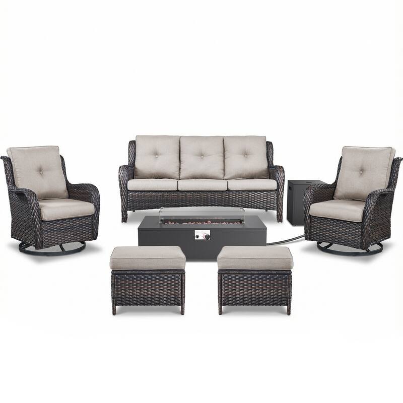 Pocassy Outdoor 7 Pieces Sofa Swivel Chair Ottoman with Fire Table