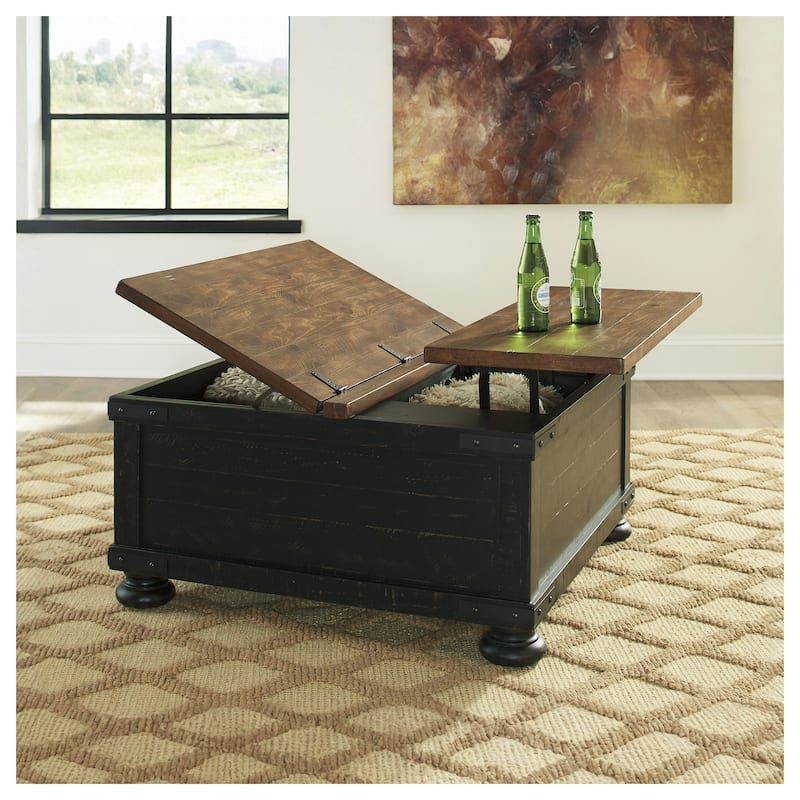 Valebeck Black/Brown Casual Square Lift Top Cocktail Table - 36" W x 36" D x 18" H