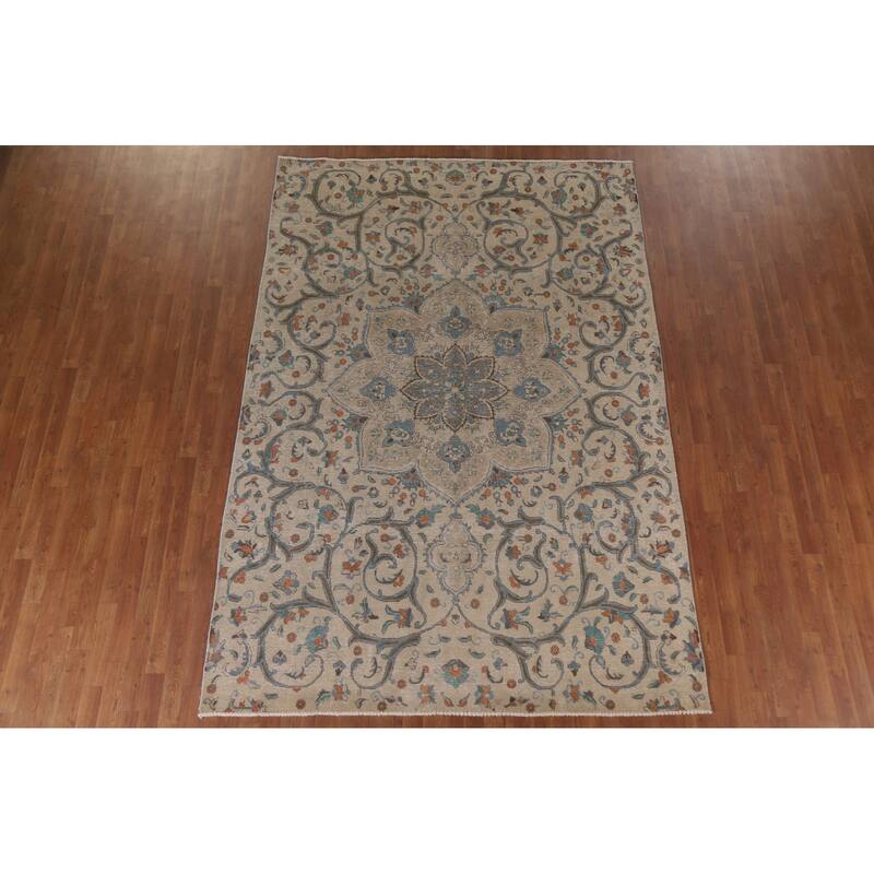 Hand Knotted Oriental 100% Wool Carpet Traditional Floral Beige & Ivories Tabriz Area Rug - 10' 1'' X 6' 10''