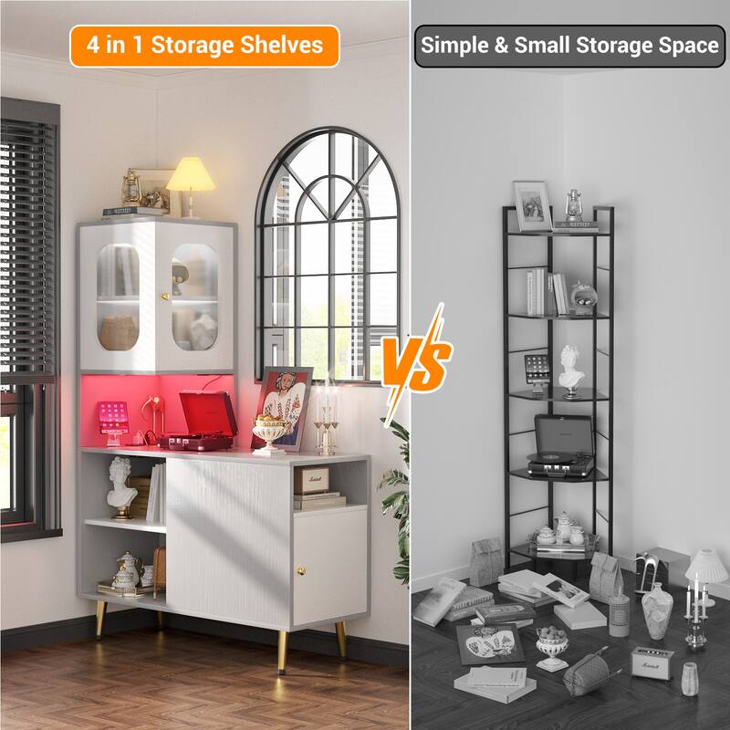 Reversible Corner Storage Cabinet with LED Lights and Power Outlets and Doors,Bed Side Table,Sofa Side Table