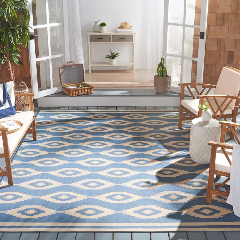 SAFAVIEH Beach House Jannita Indoor/ Outdoor Waterproof Patio Backyard Rug - 8' x 10' - Cream/Blue