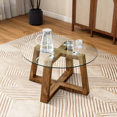 31.5"W Round Coffee Tables With Tempered Glass Top