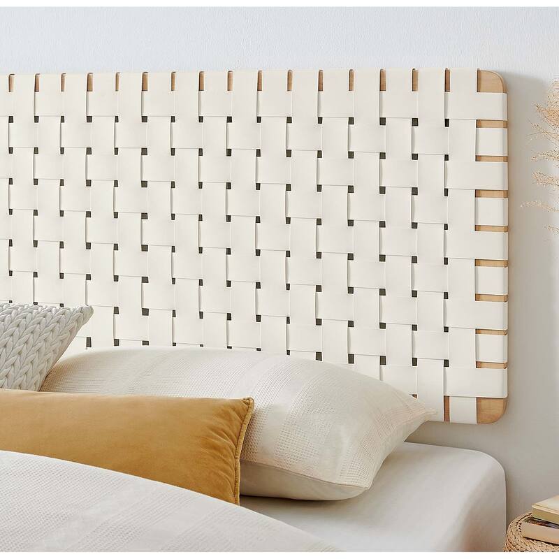 Ditmas Solid Wooden Off-White Leather Basket Weaved Floating King Size Headboard