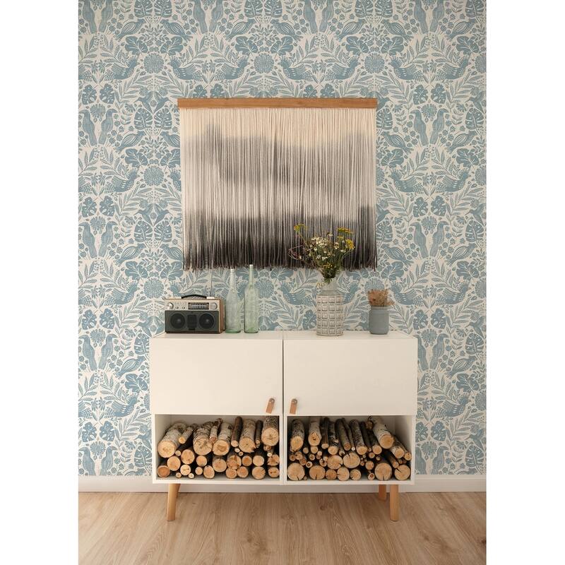 A-Street Prints Nestle Blue Bird Block Print Wallpaper