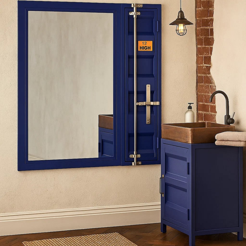 Industrial Style Metal Vanity Mirror with Recessed Door Front, Blue