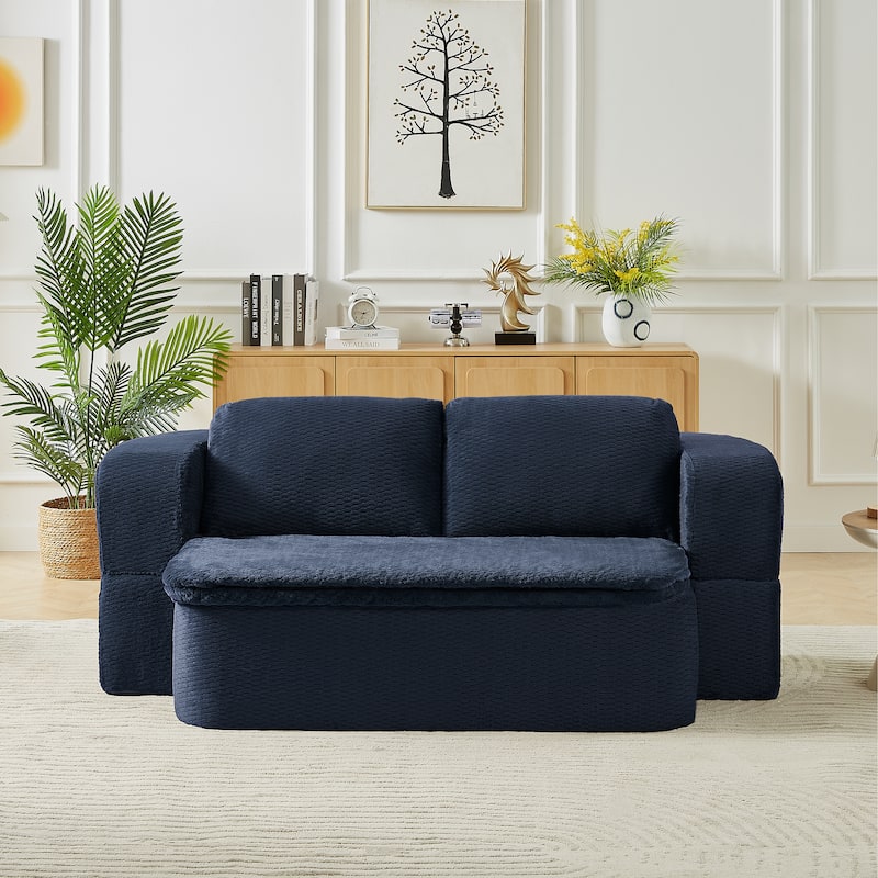 2-in-1 Folding Futon Loveseat Couch Convertible into Sleeper Sofa Bed - Dark Blue