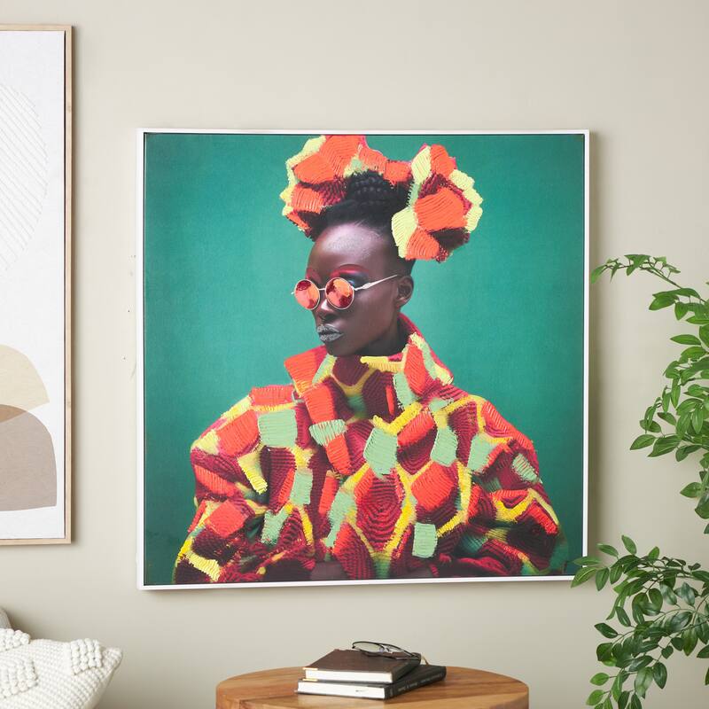 Canvas Woman Chic Framed Wall Art with Red and Yellow Dresswear - Green - Roche River Decor