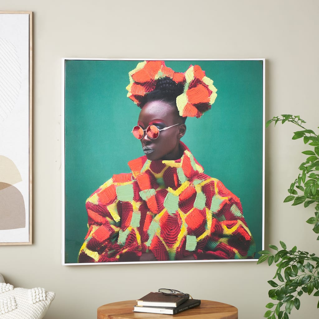 Green Canvas Chic Woman Living Room Framed Wall Art with Red and Yellow Dresswear
