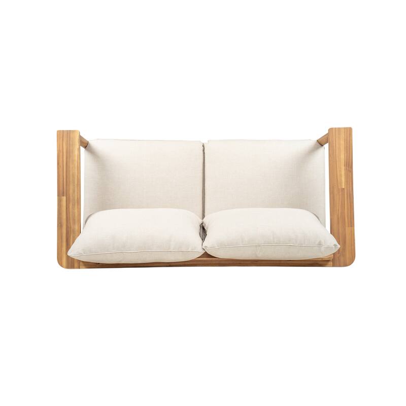 Roomfitters Terassi Outdoor Acacia Wood Loveseat with Wide Armrests, Teak Finish and Beige Cushions