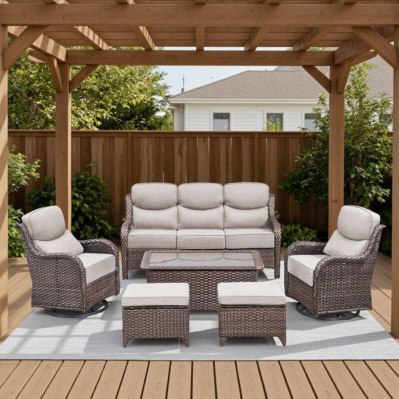Arcadia 6-Piece Wicker Patio Conversation Set with Swivel Gliders and 6-Inch Thick Olefin Cushions - Beige Cushions - Brown Wicker