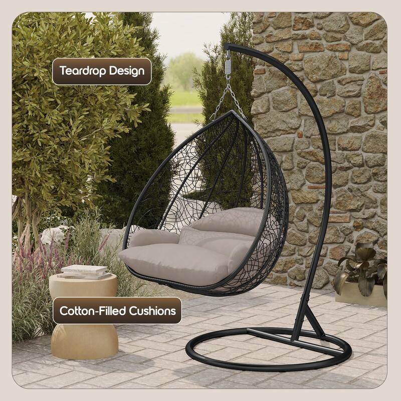 2-Person Outdoor Hanging Egg Chair with Teardrop Frame, Weather-Resistant Cotton Cushioned Seat for Patio and Indoor Use