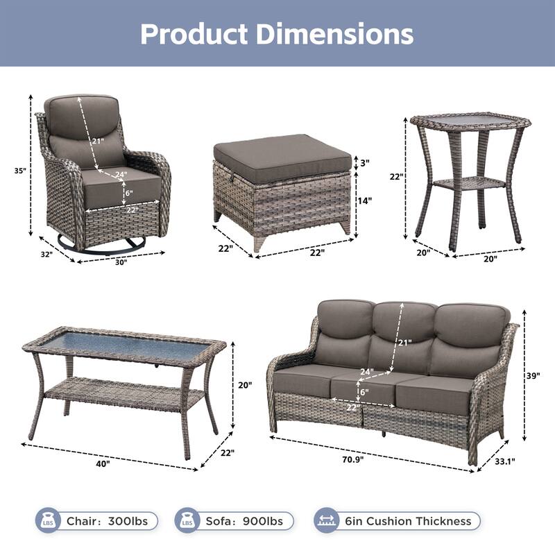 Meyreso 7-Piece Wicker Patio Conversation Set with Swivel Gliders and 6-Inch Thick Cushions