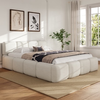 White Block Upholstered Frame Grounded Bed with Boucle Thick Headboard Footboard Platform Bed, Lowprofile Wingback Bed Floor Bed