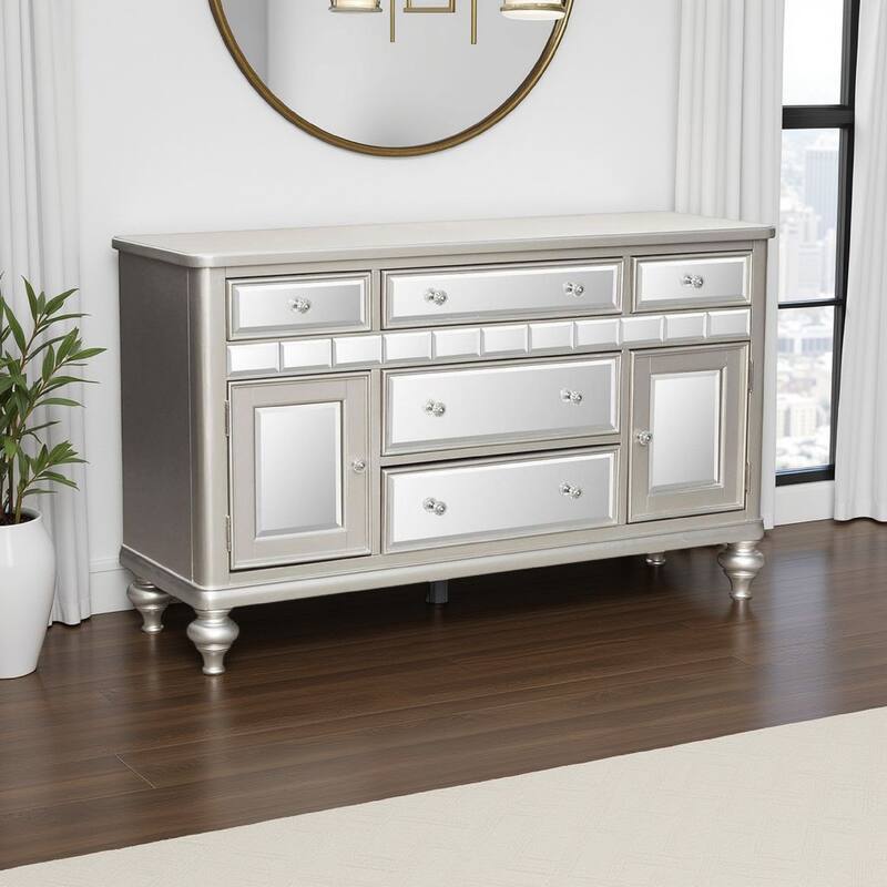 Jomo Sideboard Buffet Console, Mirror Front, 5 Drawers Silver, 57 Inch