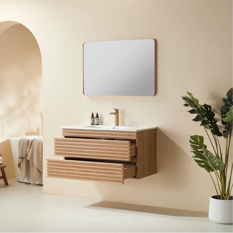 Modland 36" Wall Mount Bathroom Vanity with Ceramic Sink - 2 Soft-Close Drawers,Silk Mist Oak - 36 inch