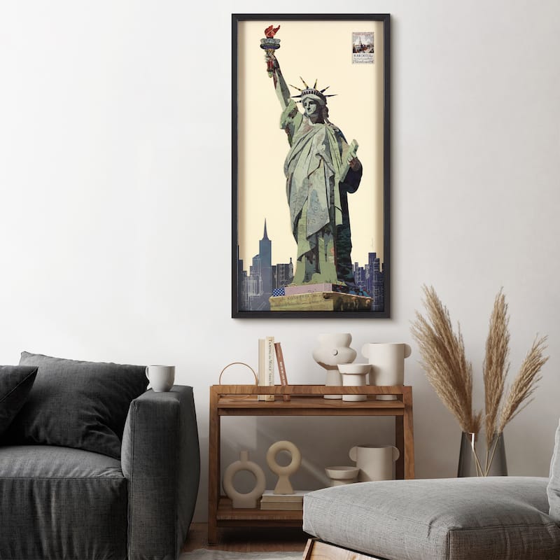 Empire Art "Lady Liberty" Alex Zeng's dimensional collage, under glass & a black shadow box frame