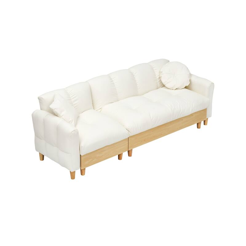 3-Seater Teddy Fabric Sleeper Sofa with Pull-Out Bed, Beige Couch with Storage and Gold Legs