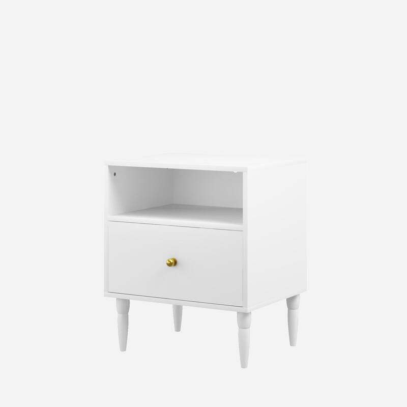 Anmytek White Nightstand with Drawer, Open Shelf, Gold Knob, Solid Wood Legs, Modern Bedside Table