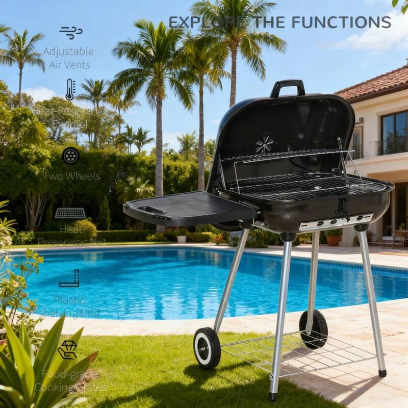 GDFStudio - Outdoor Charcoal Barbecue Grill with Shelf and Wheels